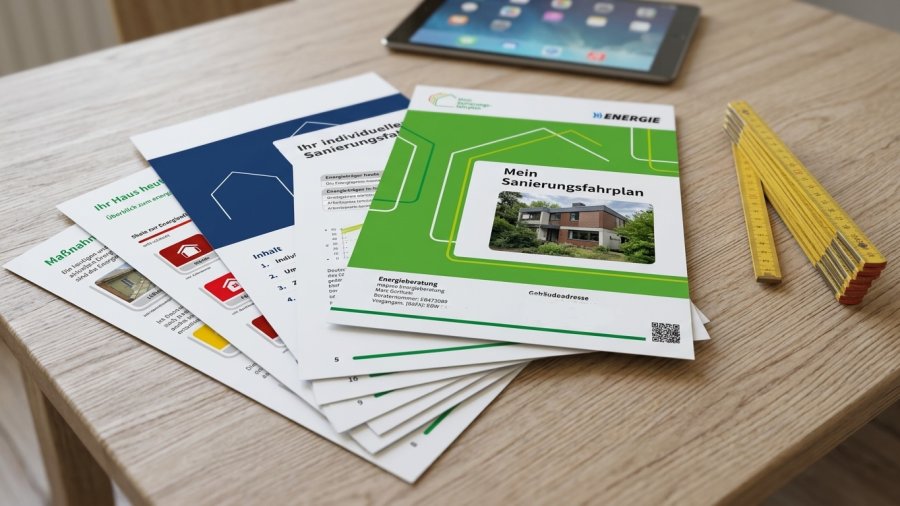Ausgedruckter individueller Sanierungsfahrplan mit Maßnahmenblättern, daneben Zollstock und Tablet